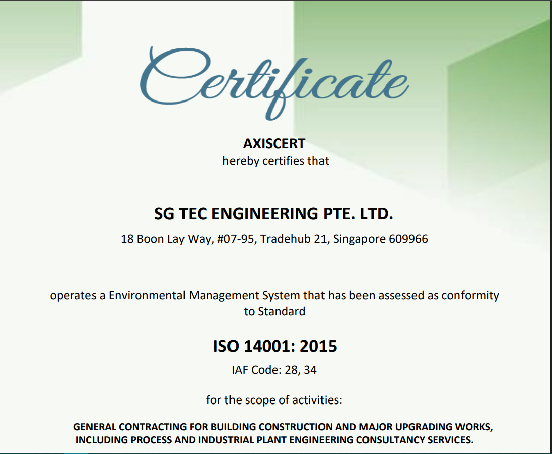 AXISCERT ISO 14001:2015 certificate for SG Tec Engineering Pte Ltd