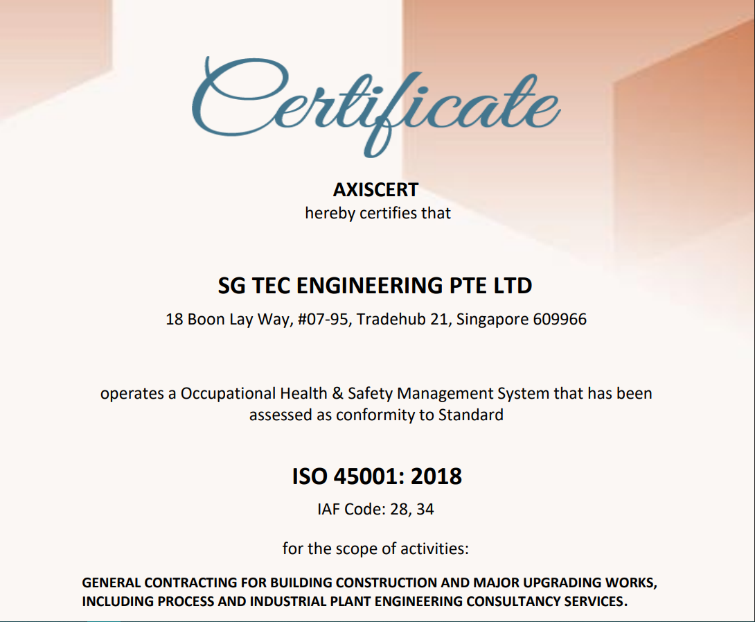 AXISCERT ISO 45001:2018 certificate for SG Tec Engineering Pte Ltd