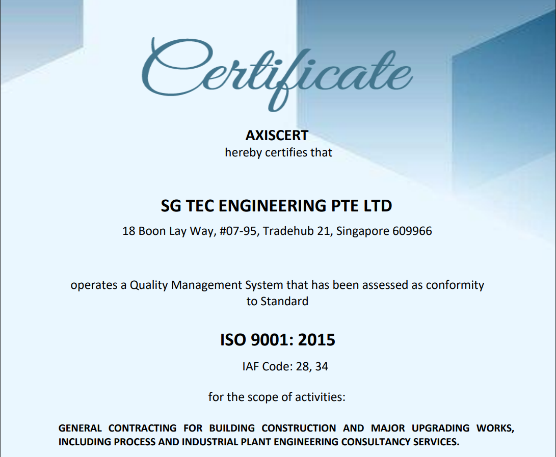 AXISCERT ISO 9001:2015 certificate for SG Tec Engineering Pte Ltd